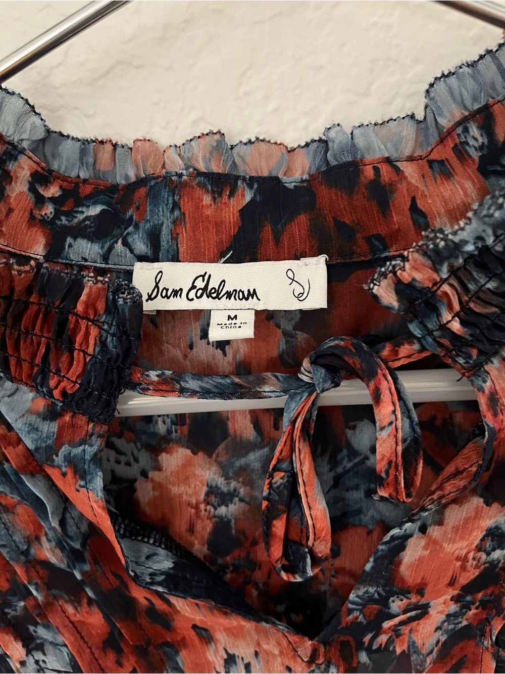 Sam Edelman Navy & Rust Floral Ruffle-Neck Blouse - Picture 2 of 3